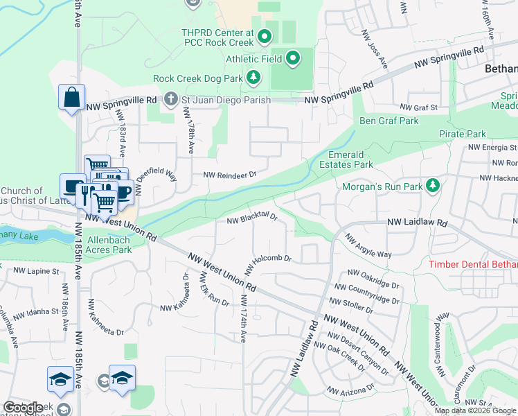 map of restaurants, bars, coffee shops, grocery stores, and more near 17196 Northwest Blacktail Drive in Portland