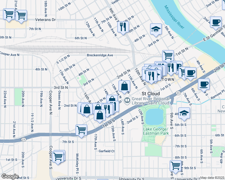 map of restaurants, bars, coffee shops, grocery stores, and more near 101 13th Avenue North in St. Cloud
