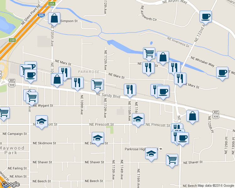 map of restaurants, bars, coffee shops, grocery stores, and more near 11416 NE Sandy Blvd in Portland
