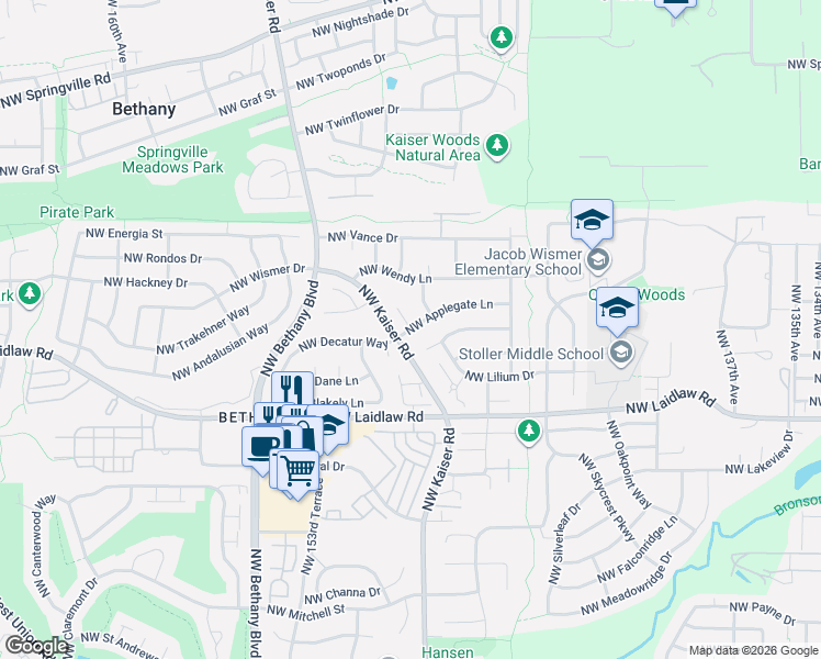 map of restaurants, bars, coffee shops, grocery stores, and more near NW Applegate Ln & NW 150th Pl in Washington