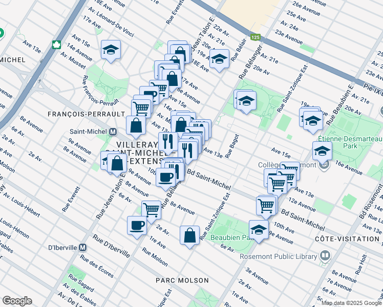 map of restaurants, bars, coffee shops, grocery stores, and more near 3333 Rue Bélanger in Montréal