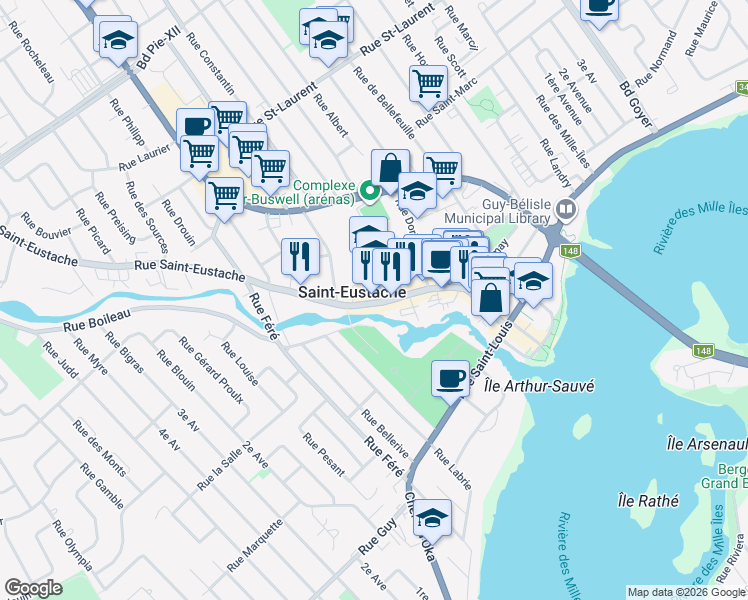 map of restaurants, bars, coffee shops, grocery stores, and more near 219 Rue Saint-Eustache in Saint-Eustache