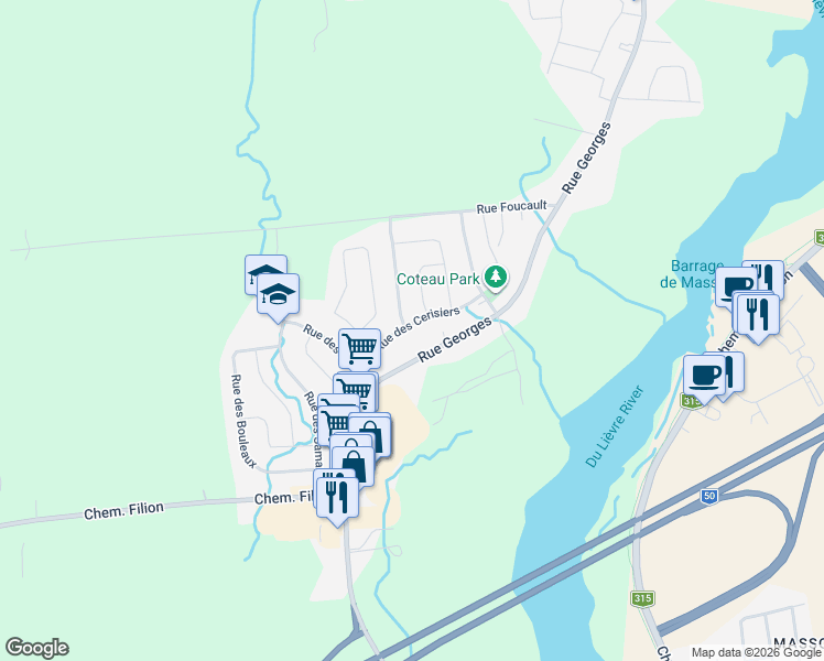 map of restaurants, bars, coffee shops, grocery stores, and more near 142 Rue des Cerisiers in Gatineau