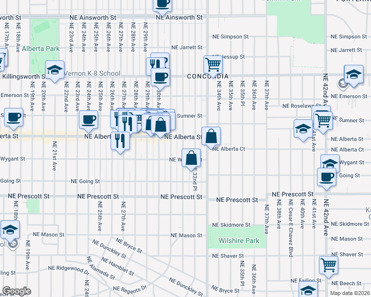 map of restaurants, bars, coffee shops, grocery stores, and more near 4844 Northeast 32nd Avenue in Portland