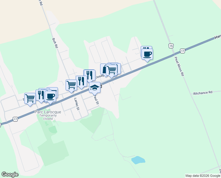 map of restaurants, bars, coffee shops, grocery stores, and more near 42 Du Moulin Street in Alfred