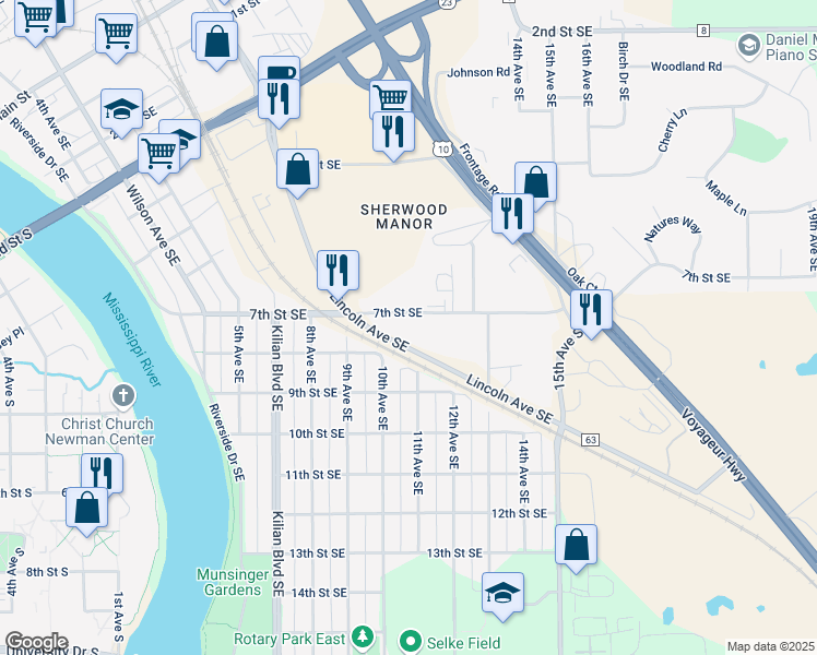 map of restaurants, bars, coffee shops, grocery stores, and more near 1060 7th Street Southeast in St. Cloud