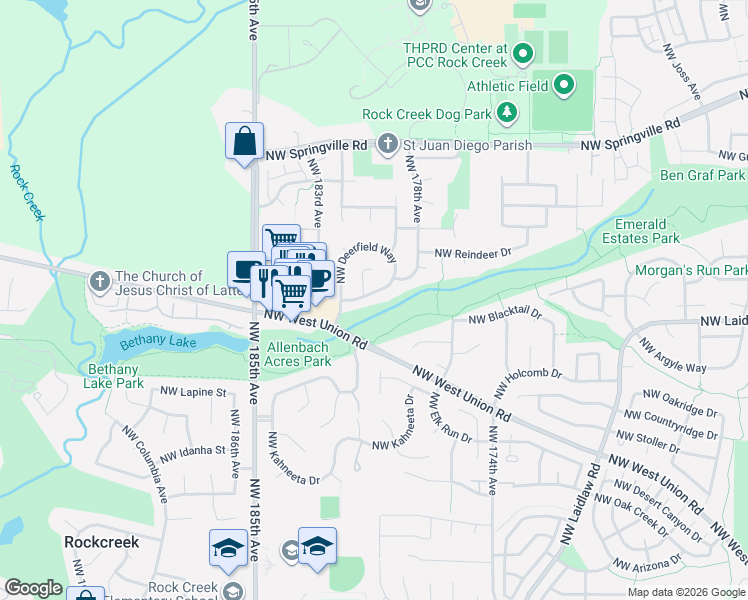 map of restaurants, bars, coffee shops, grocery stores, and more near 17984 Northwest Deerfield Drive in Portland