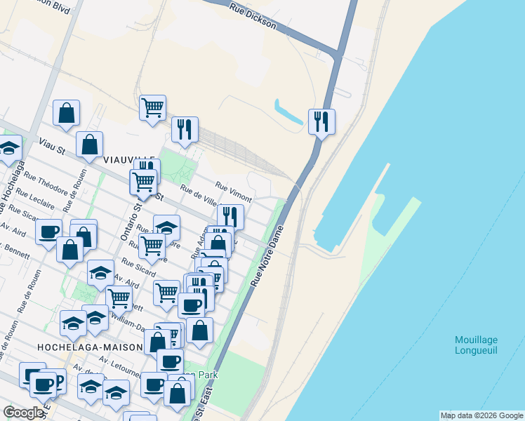 map of restaurants, bars, coffee shops, grocery stores, and more near 582 Rue Vimont in Montréal