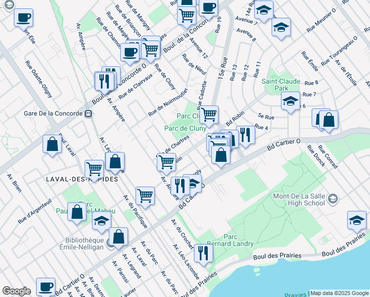 map of restaurants, bars, coffee shops, grocery stores, and more near 455 Boulevard Robin in Laval