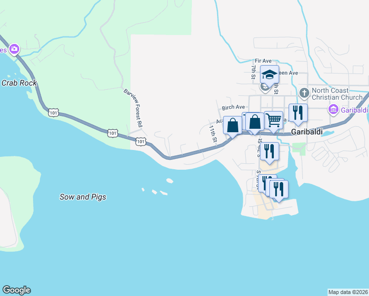 map of restaurants, bars, coffee shops, grocery stores, and more near 1213 Acacia Avenue in Garibaldi