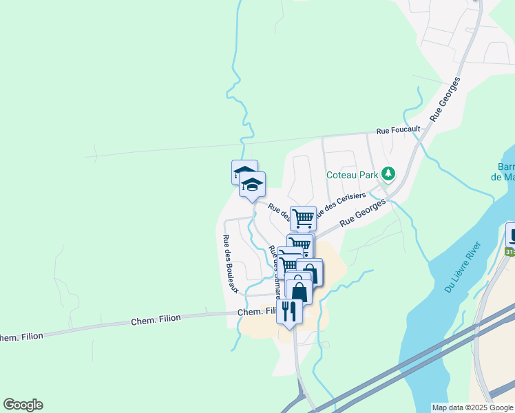 map of restaurants, bars, coffee shops, grocery stores, and more near 176 Rue des Samares in Gatineau