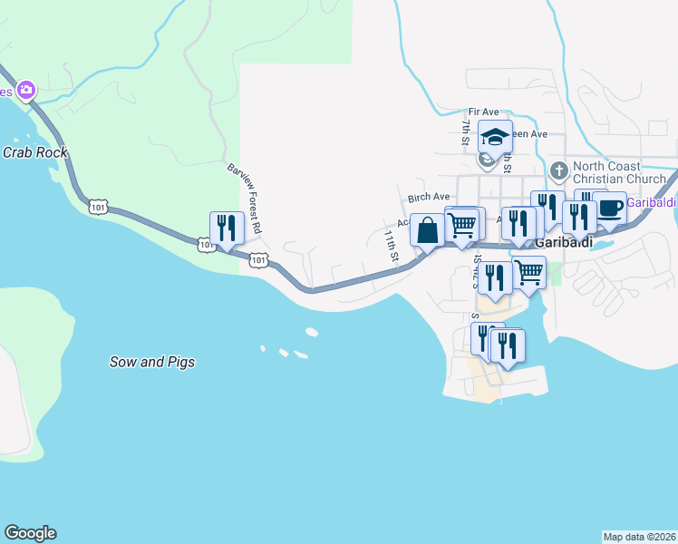 map of restaurants, bars, coffee shops, grocery stores, and more near 1213 Acacia Avenue in Garibaldi