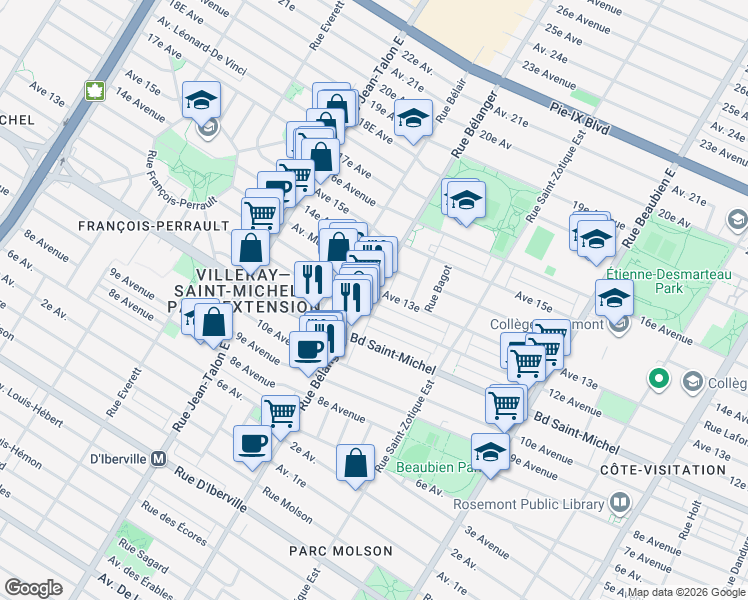 map of restaurants, bars, coffee shops, grocery stores, and more near in Montreal