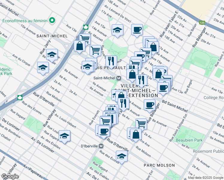 map of restaurants, bars, coffee shops, grocery stores, and more near 9e Avenue in Montréal