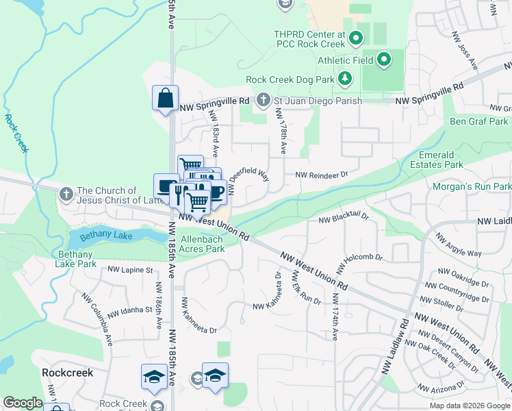 map of restaurants, bars, coffee shops, grocery stores, and more near 17972 Northwest Deerfield Drive in Portland