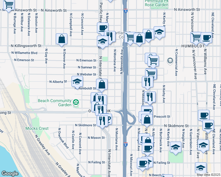 map of restaurants, bars, coffee shops, grocery stores, and more near 1367 North Humboldt Street in Portland