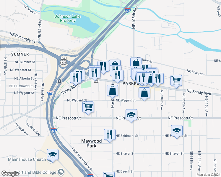 map of restaurants, bars, coffee shops, grocery stores, and more near 4812 Northeast 102nd Avenue in Portland
