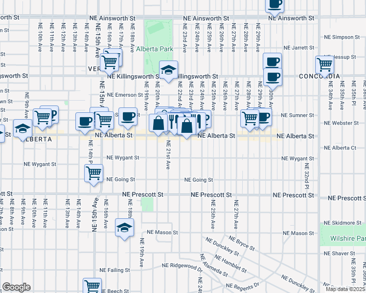 map of restaurants, bars, coffee shops, grocery stores, and more near 4811 Northeast 22nd Avenue in Portland