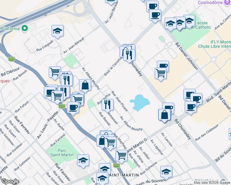 map of restaurants, bars, coffee shops, grocery stores, and more near 1955 Rue Jean-Picard in Laval