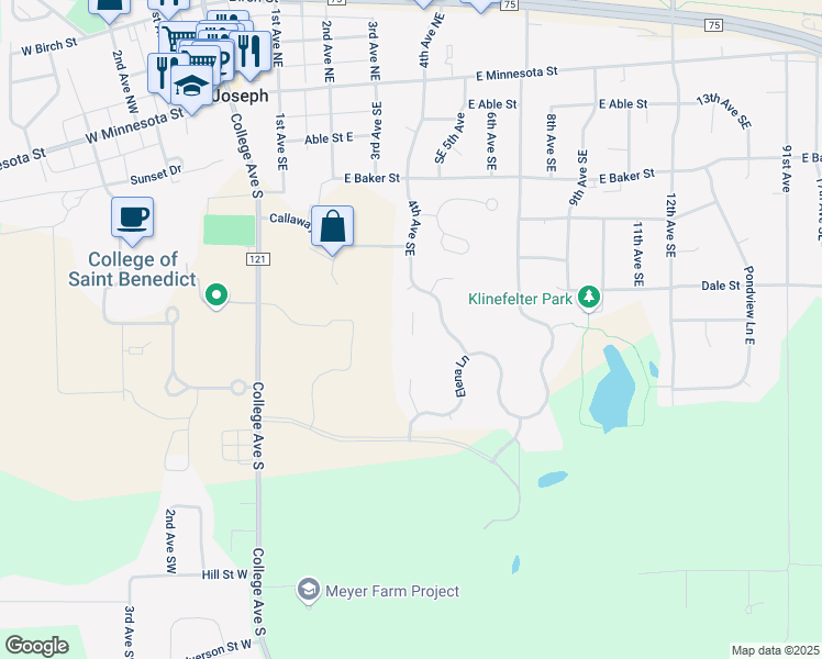 map of restaurants, bars, coffee shops, grocery stores, and more near 401 4th Avenue Southeast in Saint Joseph