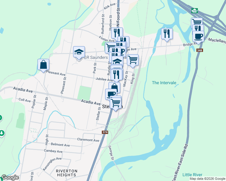 map of restaurants, bars, coffee shops, grocery stores, and more near 262 South Foord Street in Stellarton