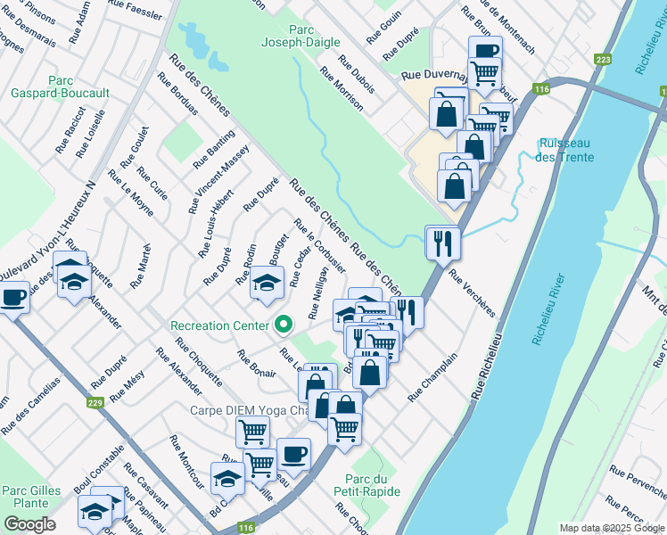 map of restaurants, bars, coffee shops, grocery stores, and more near 430 Rue le Corbusier in Belœil