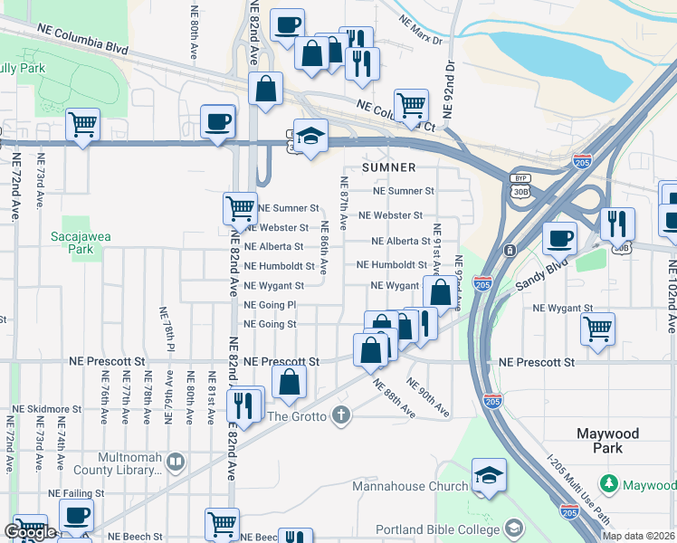 map of restaurants, bars, coffee shops, grocery stores, and more near 4829 Northeast 87th Avenue in Portland