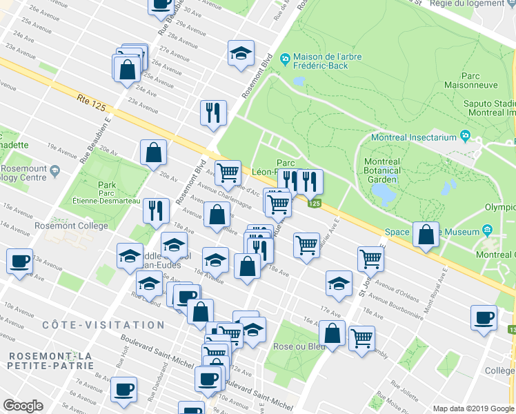 map of restaurants, bars, coffee shops, grocery stores, and more near 5499 Avenue Charlemagne in Montréal