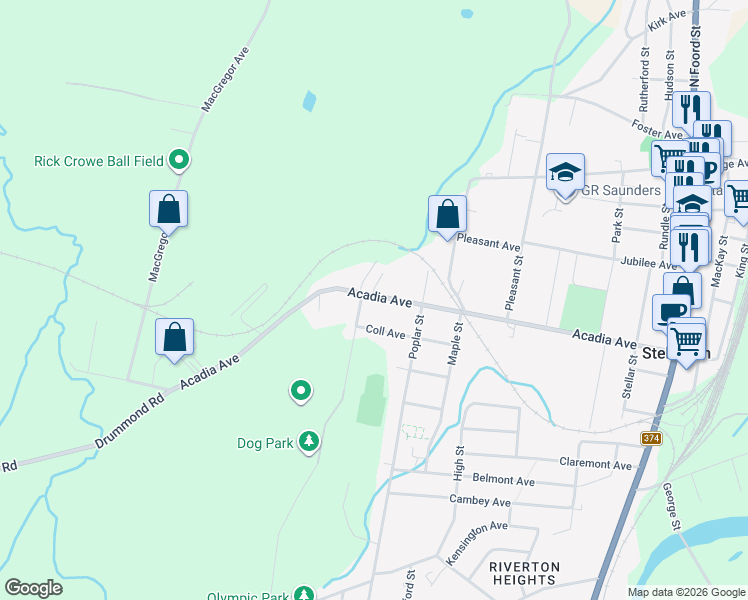 map of restaurants, bars, coffee shops, grocery stores, and more near 103 Acadia Avenue in Stellarton