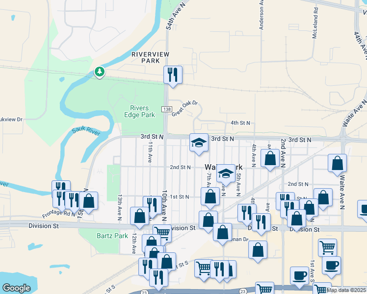 map of restaurants, bars, coffee shops, grocery stores, and more near 227 8th Avenue in Waite Park