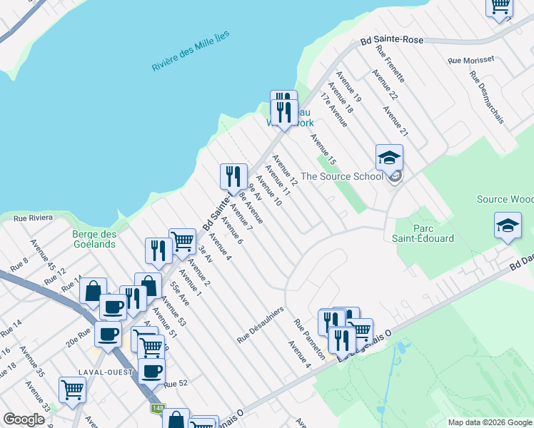 map of restaurants, bars, coffee shops, grocery stores, and more near 920 9e Avenue in Laval
