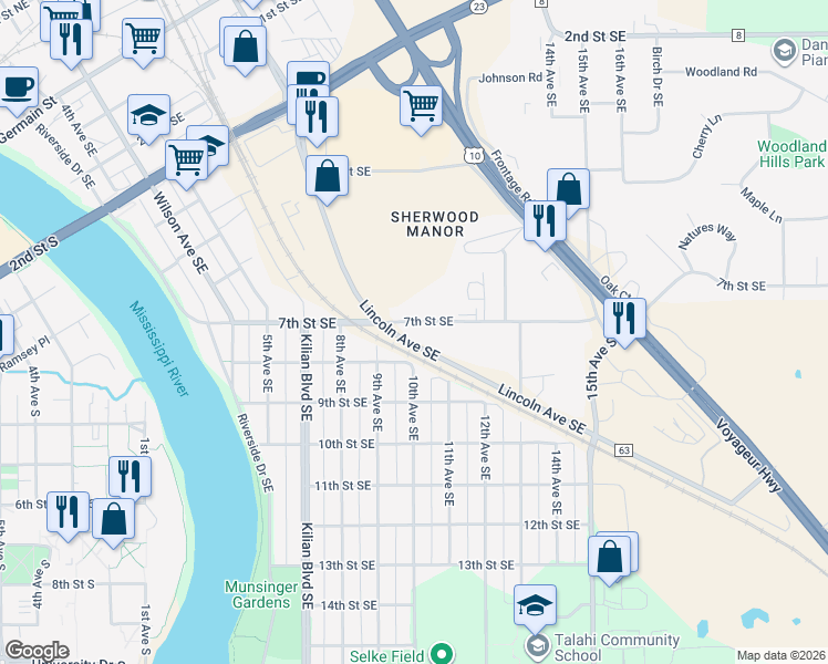 map of restaurants, bars, coffee shops, grocery stores, and more near 1002 7th Street Southeast in St. Cloud