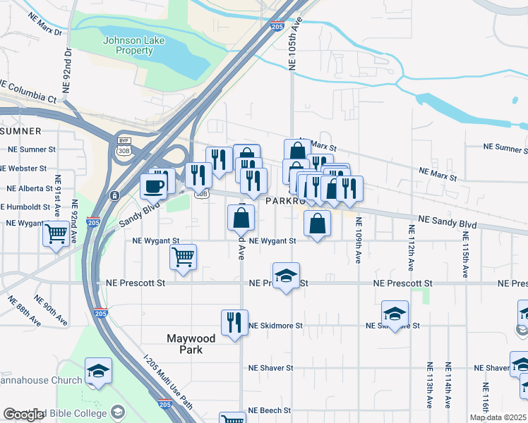 map of restaurants, bars, coffee shops, grocery stores, and more near 4745 Northeast 104th Avenue in Portland