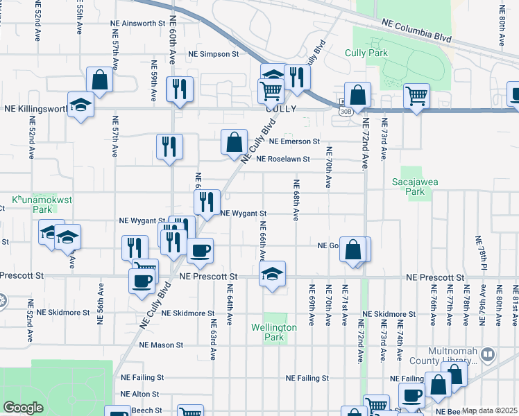 map of restaurants, bars, coffee shops, grocery stores, and more near 6616 Northeast Wygant Street in Portland