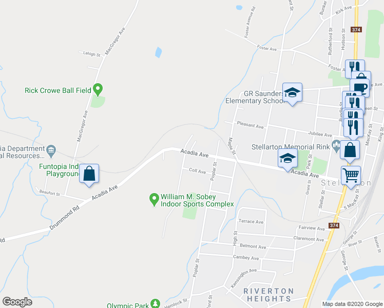 map of restaurants, bars, coffee shops, grocery stores, and more near 103 Acadia Avenue in Stellarton