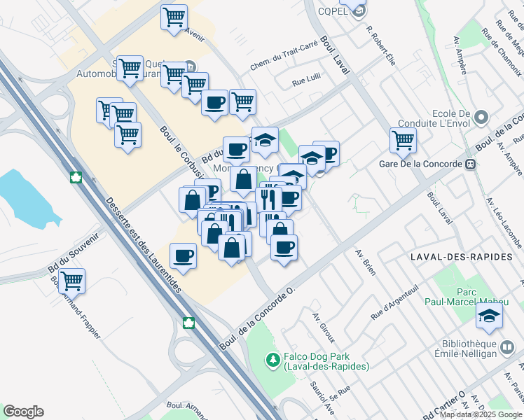 map of restaurants, bars, coffee shops, grocery stores, and more near 1801 Rue Jacques-Tétreault in Laval