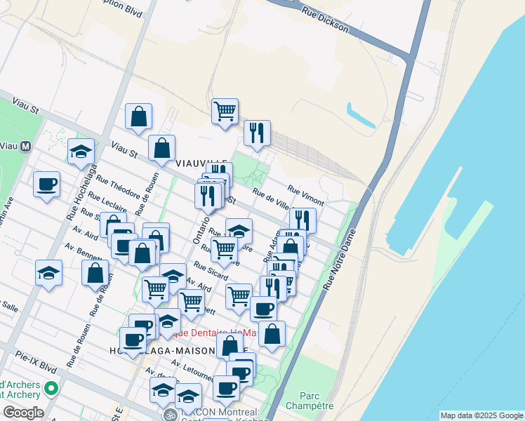 map of restaurants, bars, coffee shops, grocery stores, and more near 1681 Rue Viau in Montréal