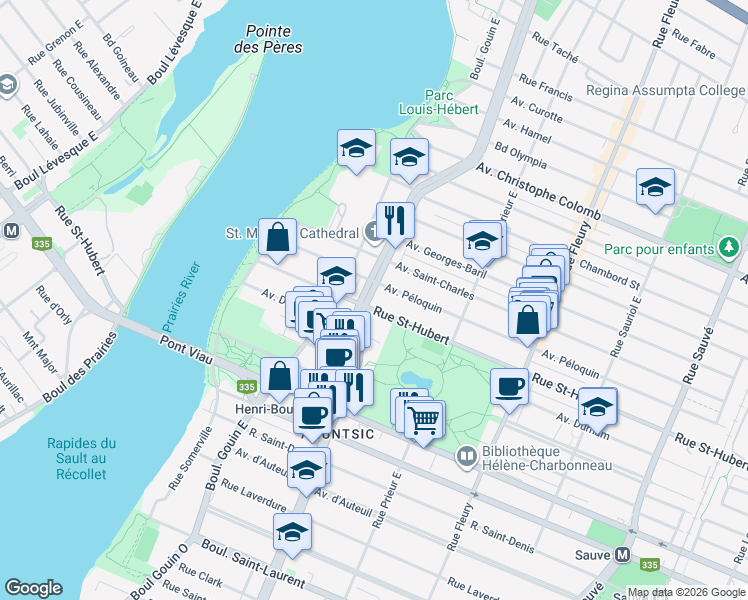 map of restaurants, bars, coffee shops, grocery stores, and more near 816 Boulevard Henri-Bourassa Est in Montréal