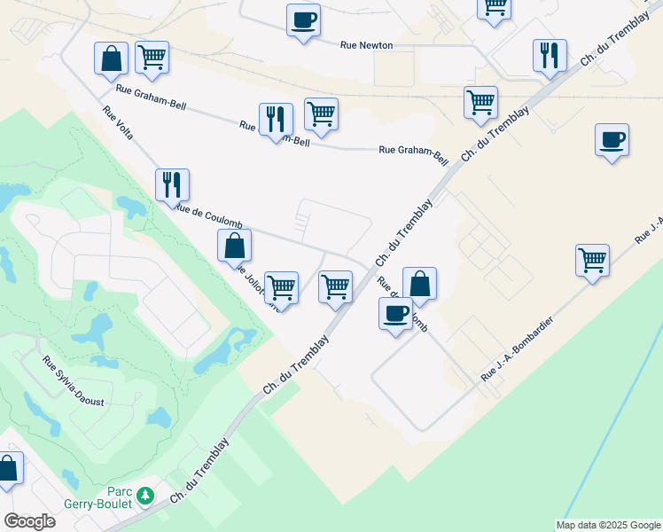 map of restaurants, bars, coffee shops, grocery stores, and more near 1490 Rue de Coulomb in Boucherville