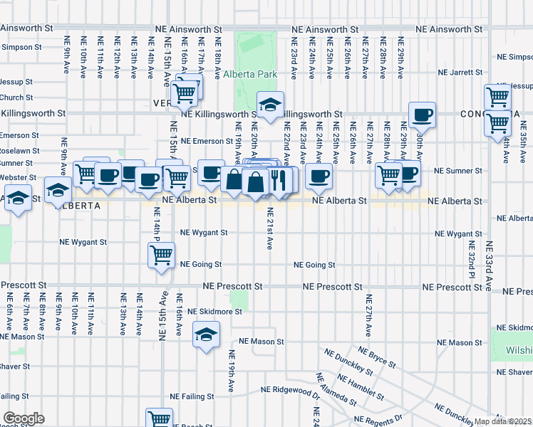 map of restaurants, bars, coffee shops, grocery stores, and more near 4814 Northeast 20th Avenue in Portland