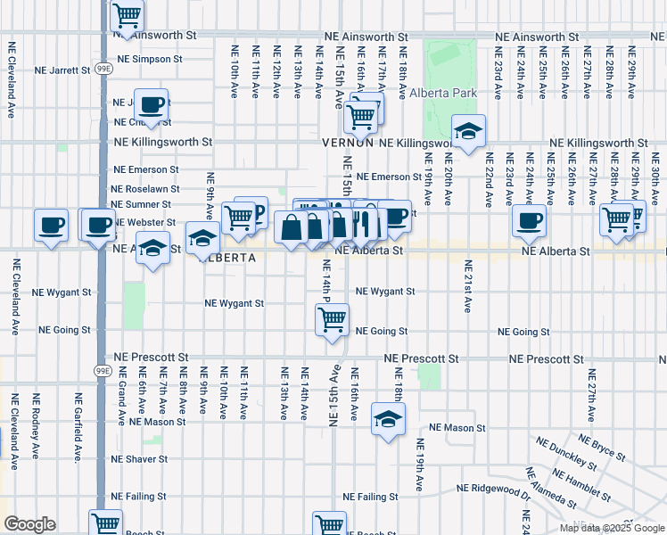 map of restaurants, bars, coffee shops, grocery stores, and more near 4814 Northeast 14th Place in Portland