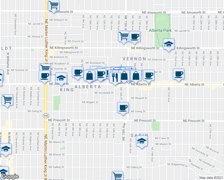 map of restaurants, bars, coffee shops, grocery stores, and more near 4847 Northeast 14th Avenue in Portland
