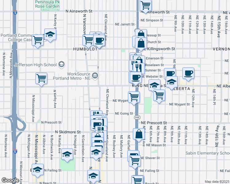 map of restaurants, bars, coffee shops, grocery stores, and more near 4823 Northeast Mallory Avenue in Portland
