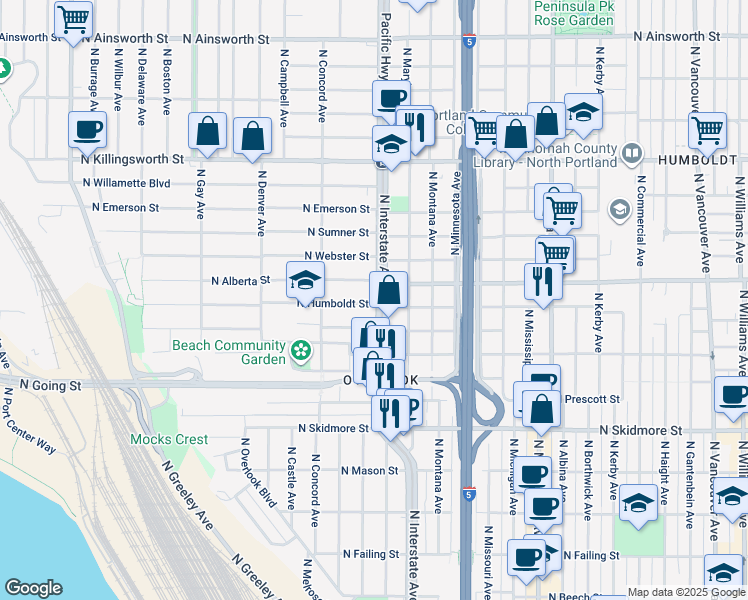 map of restaurants, bars, coffee shops, grocery stores, and more near 4818 North Interstate Avenue in Portland