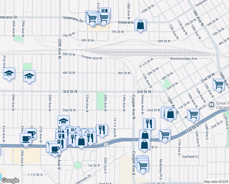 map of restaurants, bars, coffee shops, grocery stores, and more near 299 19 1/2 Avenue North in Saint Cloud