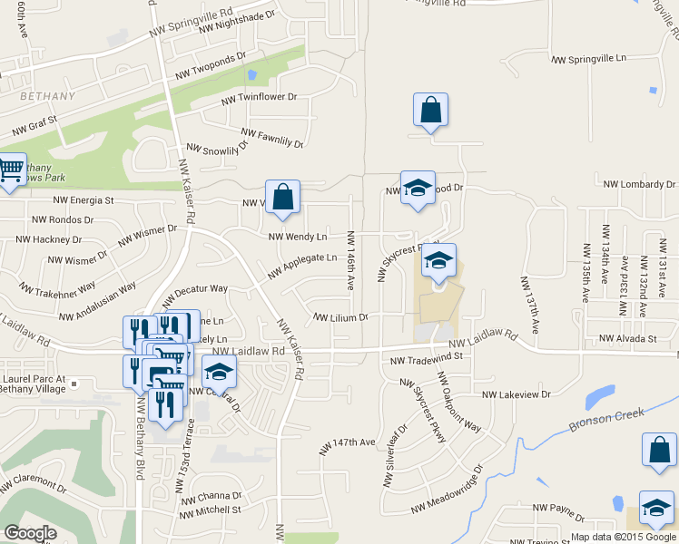 map of restaurants, bars, coffee shops, grocery stores, and more near 14635 Northwest Jewell Lane in Portland