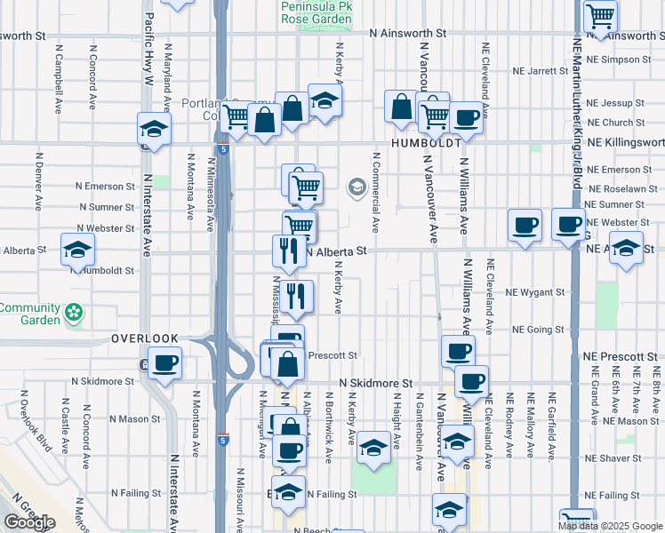 map of restaurants, bars, coffee shops, grocery stores, and more near 4911 North Kerby Avenue in Portland