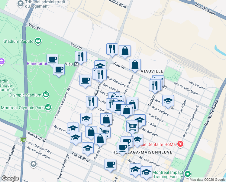 map of restaurants, bars, coffee shops, grocery stores, and more near 2322 Rue Leclaire in Montréal