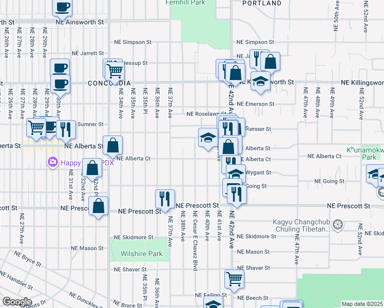 map of restaurants, bars, coffee shops, grocery stores, and more near 4903 Northeast Cesar E Chavez Boulevard in Portland