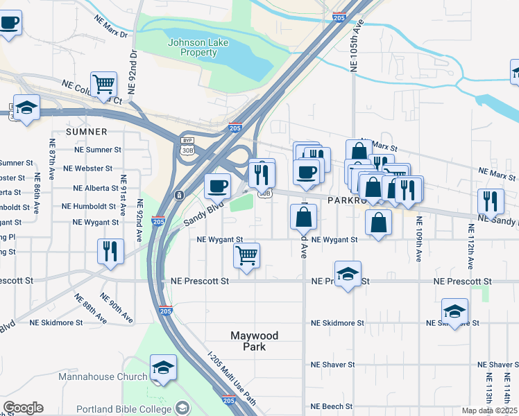 map of restaurants, bars, coffee shops, grocery stores, and more near 4748 Northeast 99th Avenue in Portland